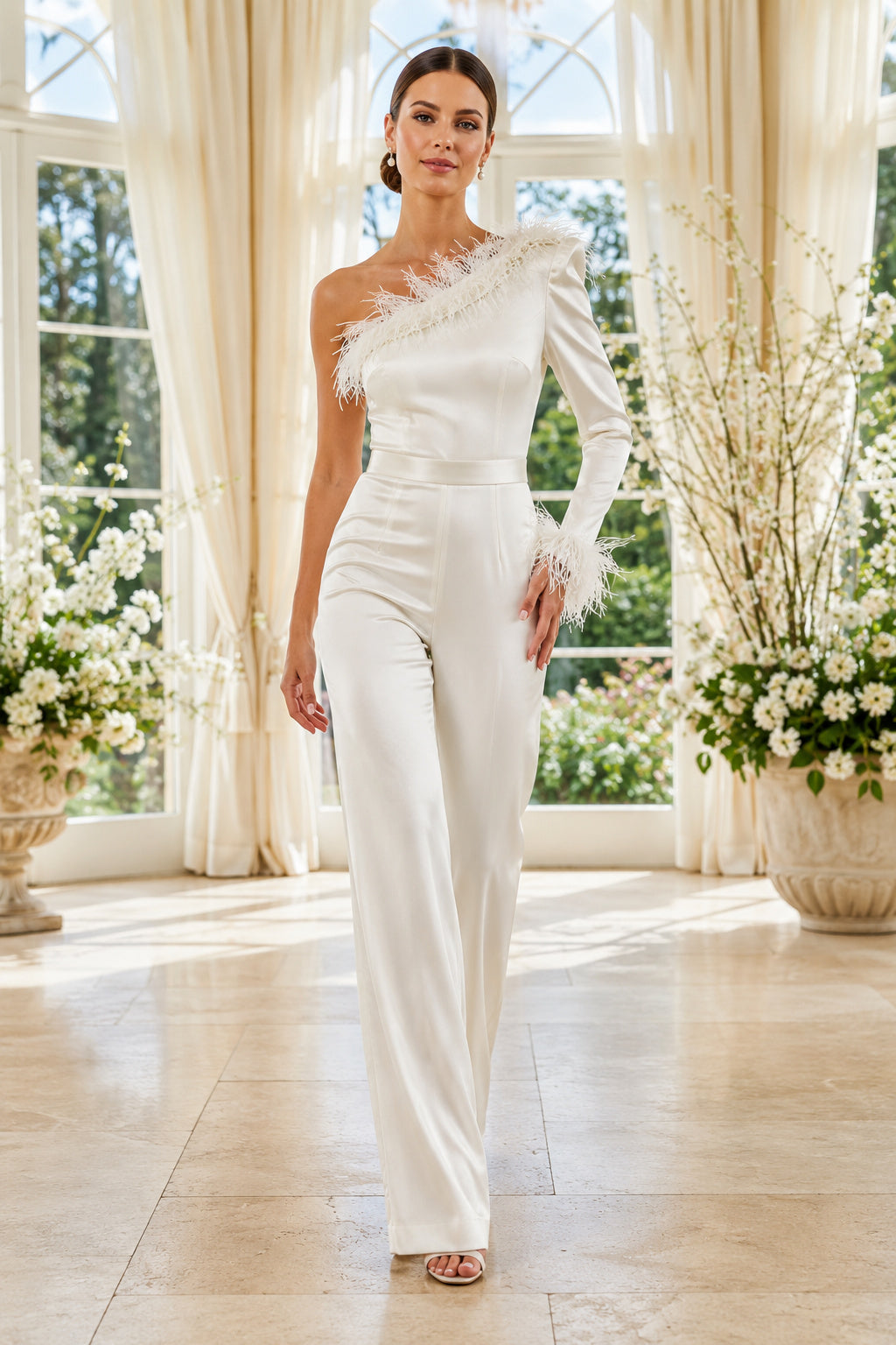 One-Shoulder Lace Applique Bridal Jumpsuit with One Long Sleeve front view