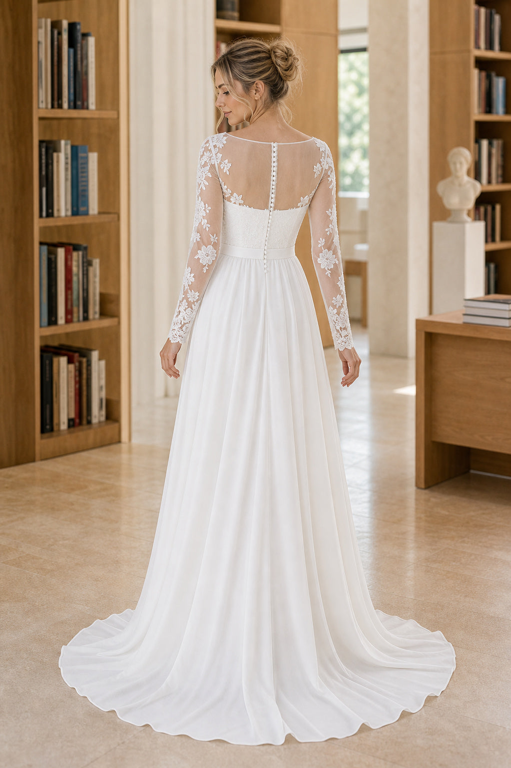 White Bateau Three-Quarter Sleeves Mermaid Lace Floor-length Wedding Dress With Lace and Open Back and Open Back