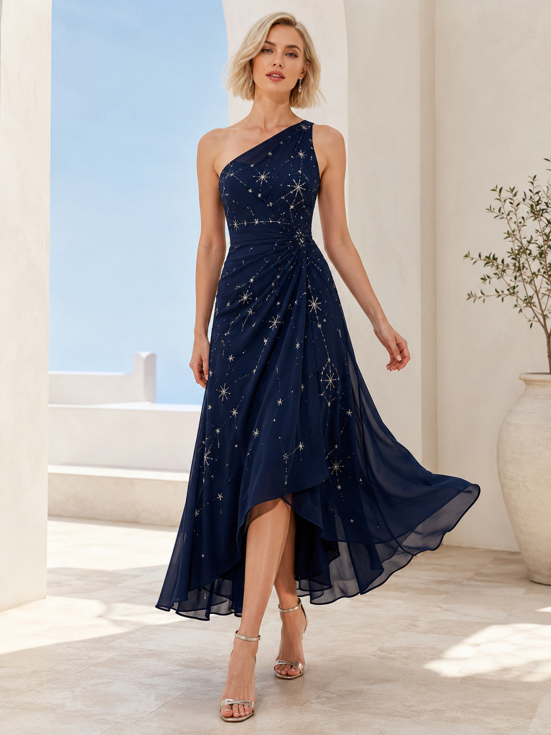 Dark Navy One Shoulder Celestial High Low Chiffon Guest Dress front view