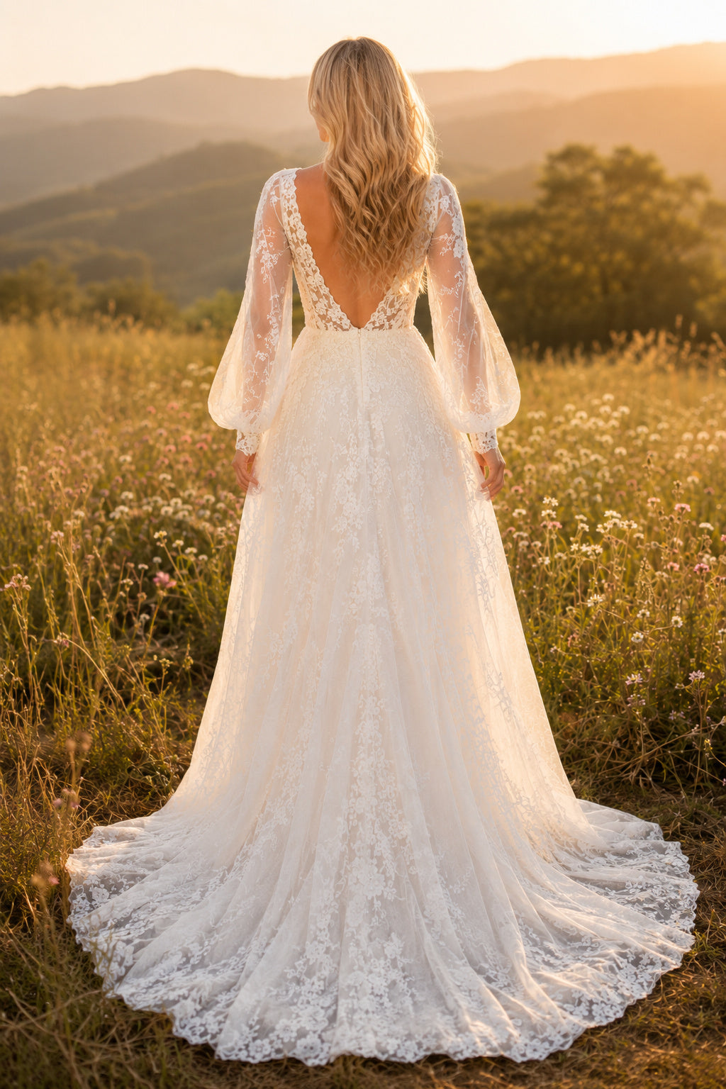 Ivory Long Bell Sleeve V-Neck Lace A-Line Wedding Dress Split Train for Wedding Ceremony and Reception back view
