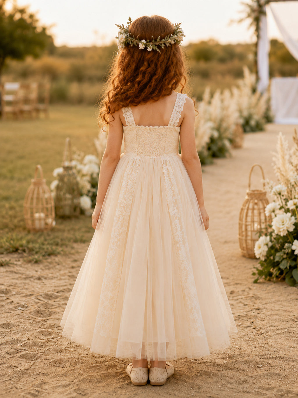 Flower Girl Dress Blush Tulle A-Line Scoop Neck Ankle Length Sash Detail back view