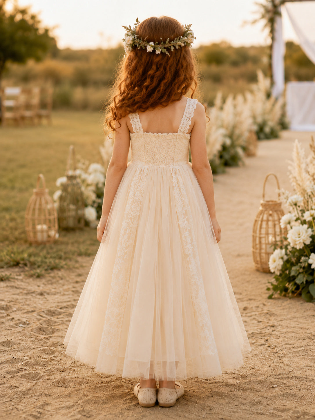 Flower Girl Dress Blush Tulle A-Line Scoop Neck Ankle Length Sash Detail back view