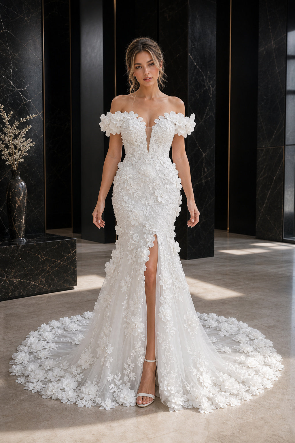 White Off-the-shoulder Flutter Sleeves A-Line Crepe Floor-length Wedding Dress With Layered Skirt and Beaded Bodice and Open Back