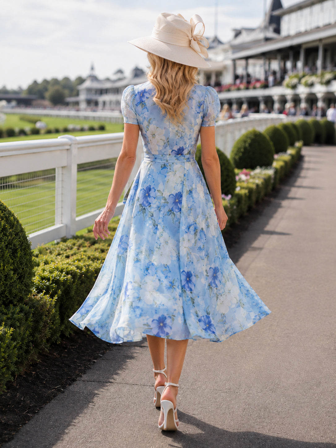 Blue Floral Short Sleeve V Neck Race Day Midi Dress back view