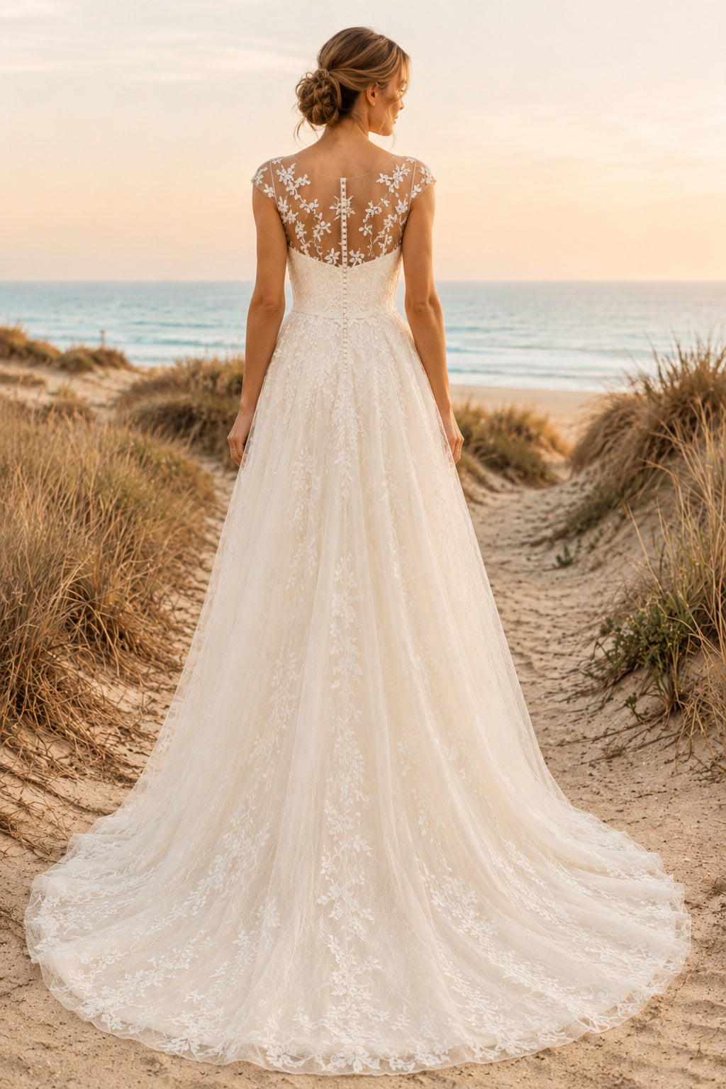 Ivory Cap Sleeve Illusion Lace A-Line Wedding Dress with Sweetheart Bodice back view