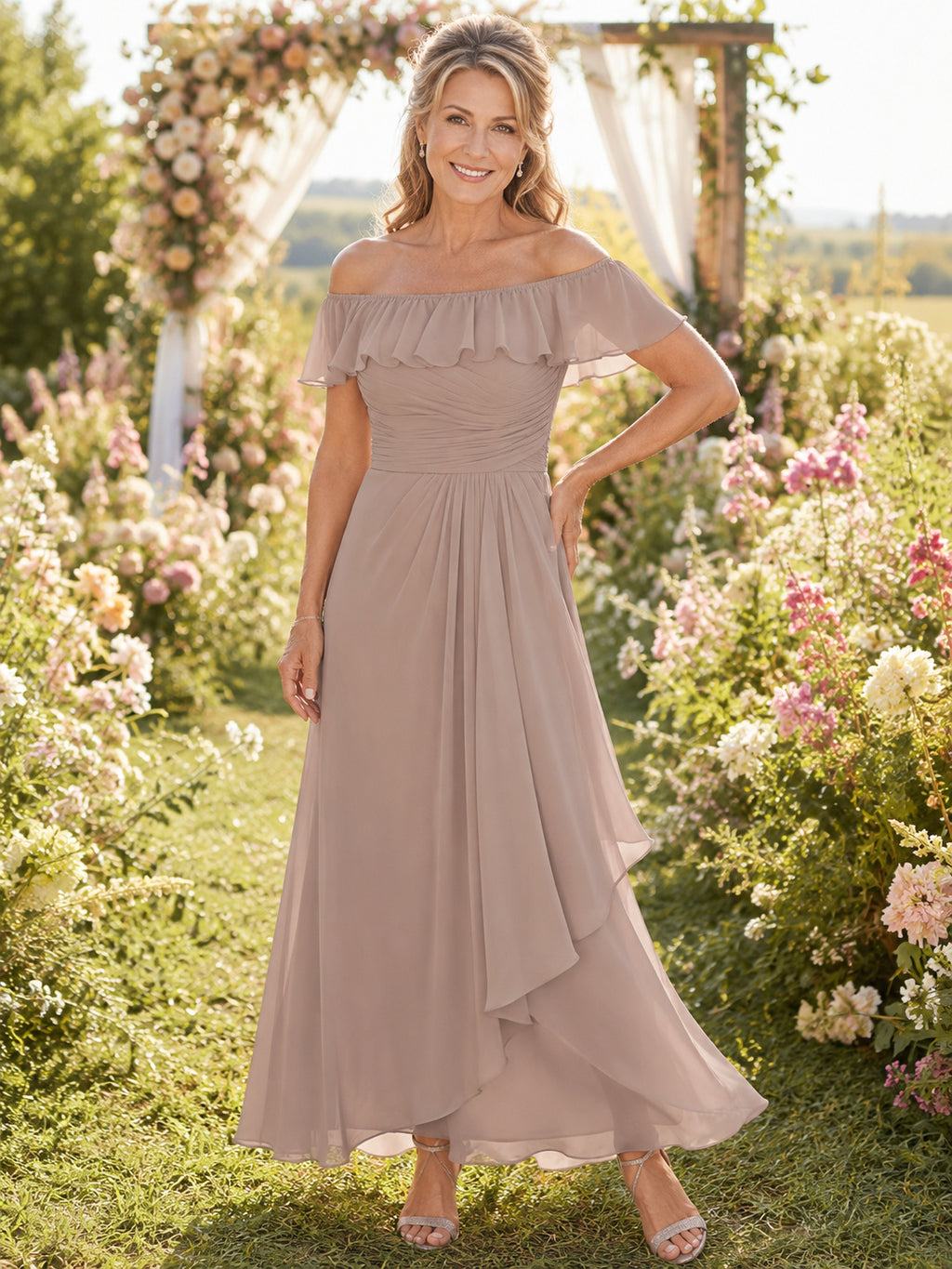 Taupe Ankle-Length A-Line Elegant Mother of the Bride Chiffon Dress with Off-Shoulder Ruffle Neck and Draped Skirt front view