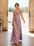Mauve Satin Sheath Cowl Neck Spaghetti Strap Draped Low Back Floor-Length Bridesmaid Dress front view