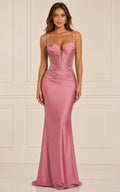 Rose Pink Fitted Prom Dress with Crystal Straps Corset Sweetheart Mermaid Gown front view