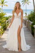 Ivory Spaghetti V-Neck Lace Tulle A-Line Wedding Dress Split Train for Wedding Ceremony and Reception Style MG_701429 front v