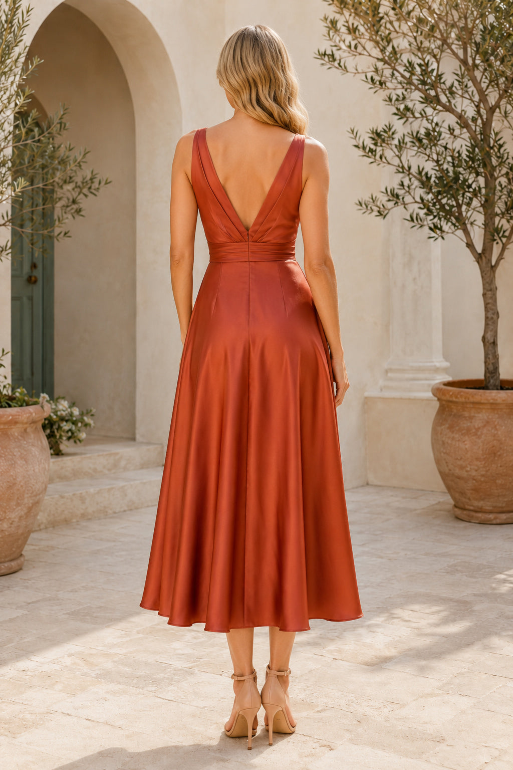 Orange Terracotta Wedding Guest Sheath Dress Style MG_301569 back view