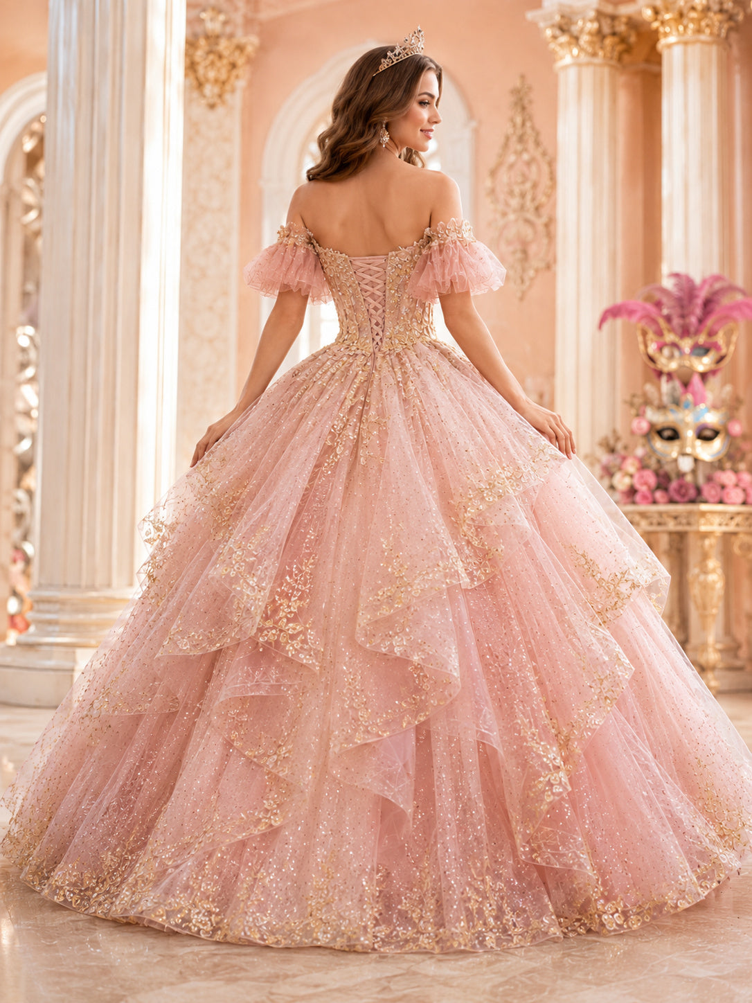 Princess Blush Carnival Ball Gown Floor Length Off Shoulder Glitter Tiered Dress back view