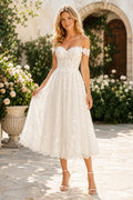 Ivory Off-the-Shoulder Sweetheart Cap Sleeve Lace Tulle Tea-Length Wedding Dress with Off-Shoulder Lace Bodice and Midi Skirt
