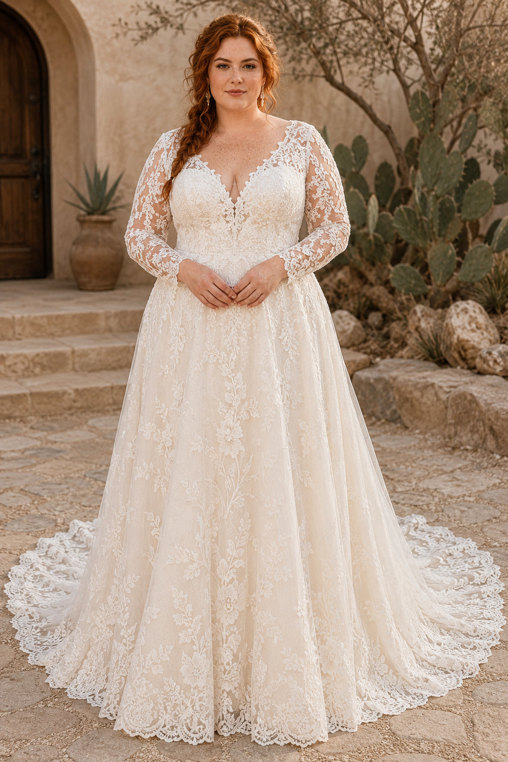 Plus Size Ivory V-Neck Bishop Sleeve Lace Tulle A-Line Wedding Dress with Illusion Bishop Sleeves and Lace Train front view