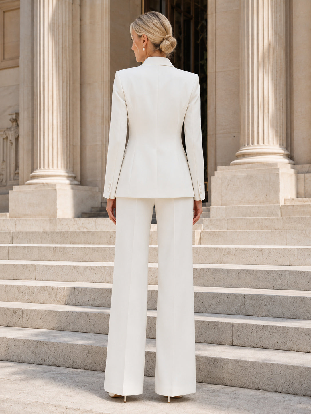 Tailored Bridal Pantsuit Two Piece Notched Long Sleeve Wide Leg Wedding Outfit back view