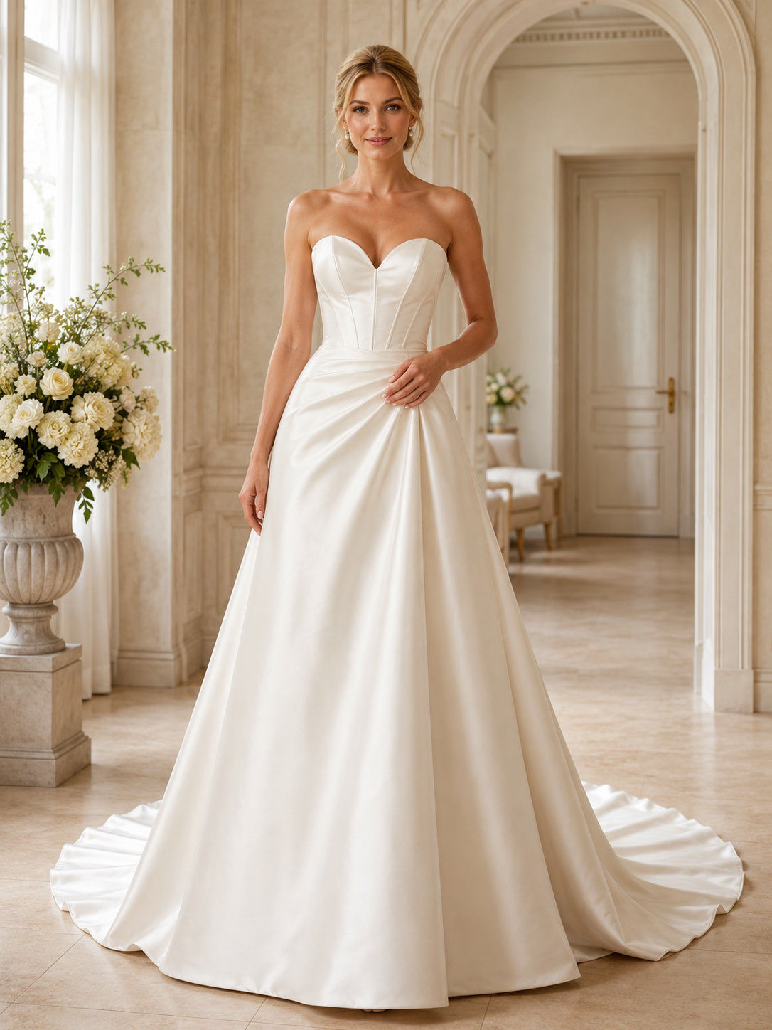 Luxury Strapless Satin Brautkleid Ball Gown Sweetheart Bodice Chapel Train front view