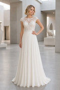 White Sweetheart A-Line Crepe Floor-length Wedding Dress With Open Back and Lace Bodice and Open Back Lace Hem Detail