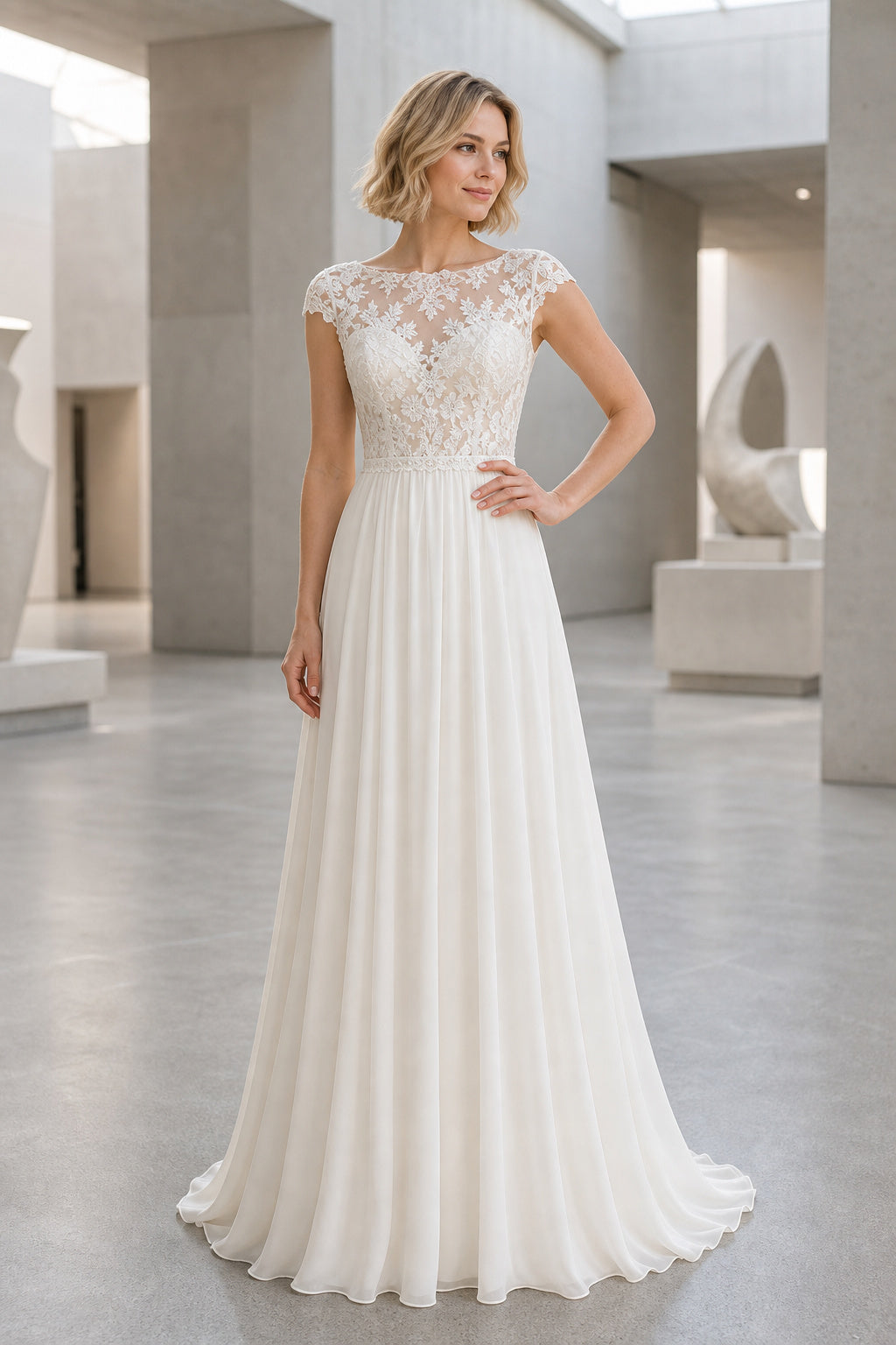 White Sweetheart A-Line Crepe Floor-length Wedding Dress With Open Back and Lace Bodice and Open Back Lace Hem Detail