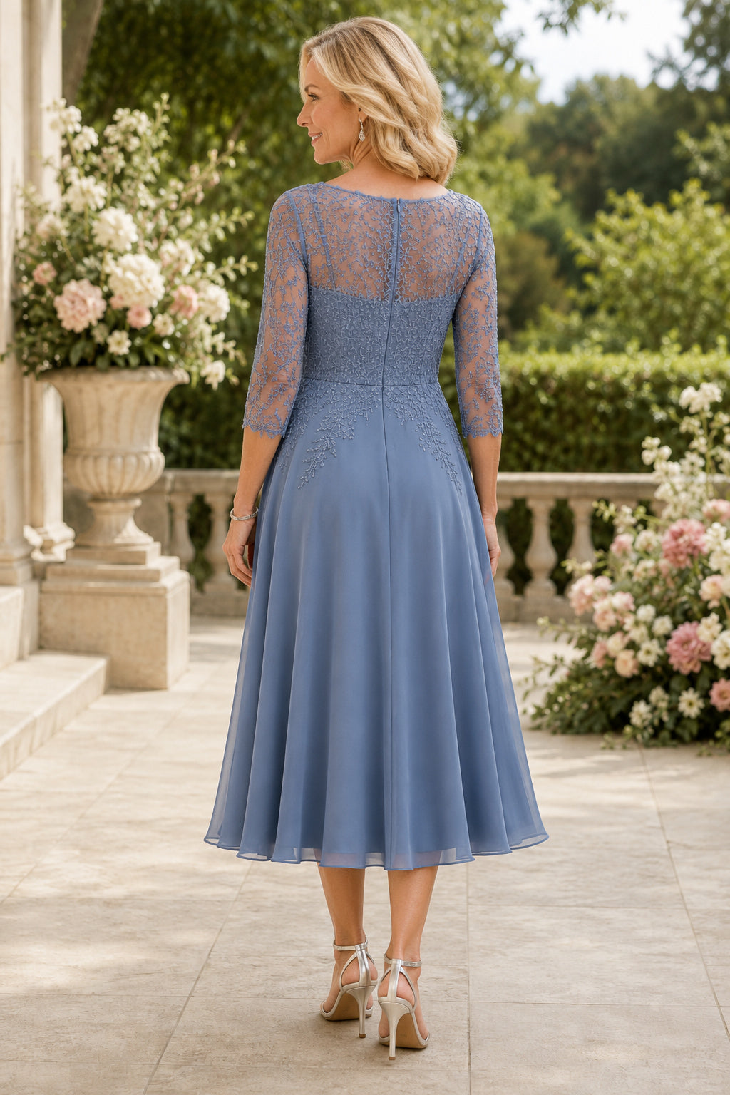 Steel Blue Tea Length Chiffon A-Line Mother Dress with Lace Illusion Sleeves back view