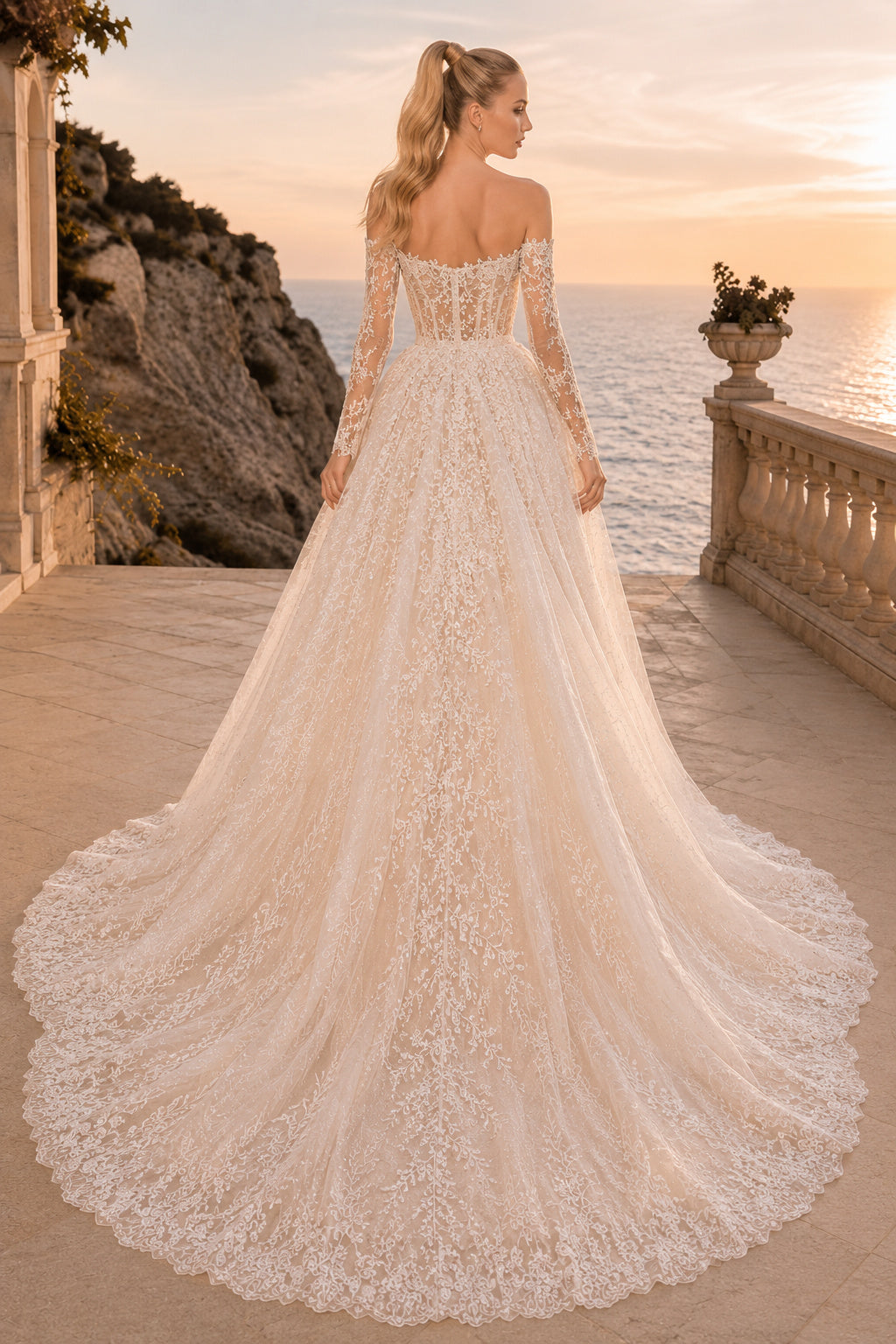 Off-the-Shoulder Lace Sheath Wedding Dress with Tulle Overskirt back view