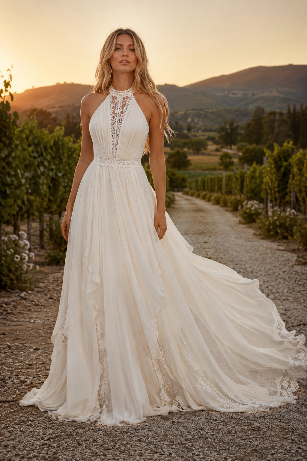 Ivory Halter Chiffon A-Line Wedding Dress with Keyhole Bodice and Open Back front view