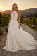 Ivory Halter Chiffon A-Line Wedding Dress with Keyhole Bodice and Open Back front view