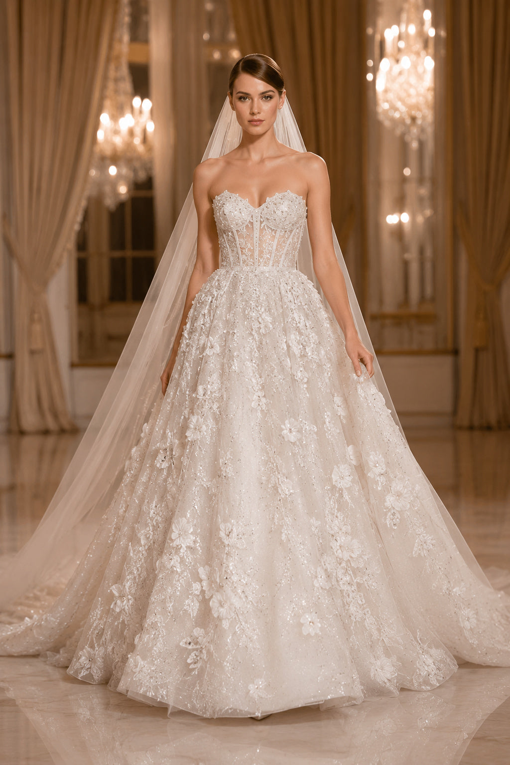 Strapless Beaded Lace Ball Gown Wedding Dress with Cathedral Train front view