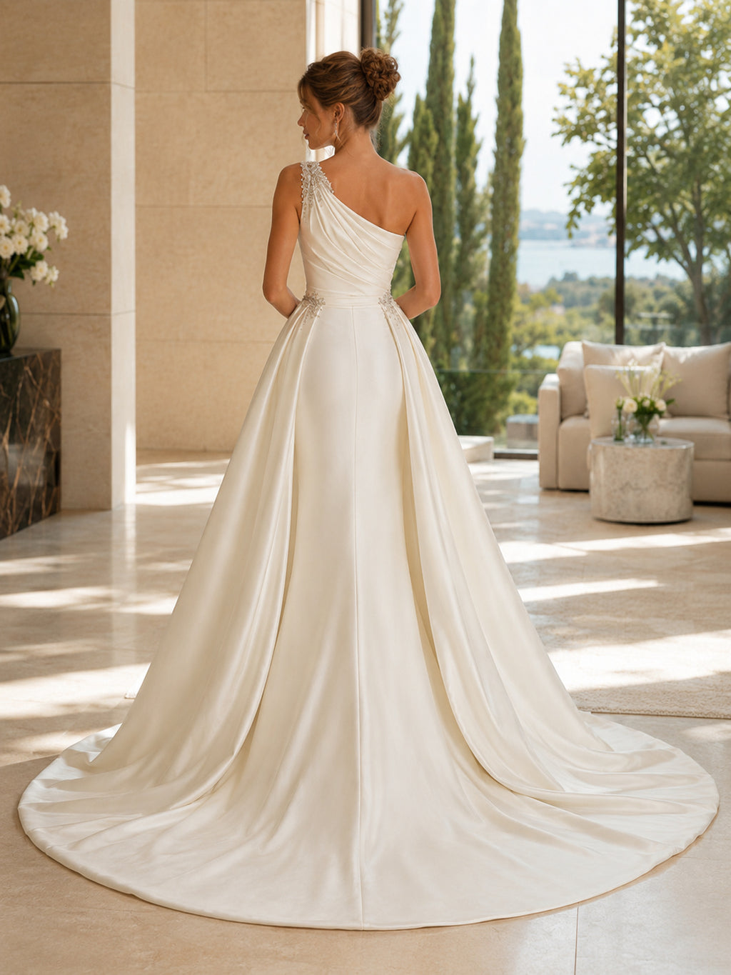 Satin Wedding Dress A-Line One Shoulder Sleeveless Chapel Train Bridal Gown back view