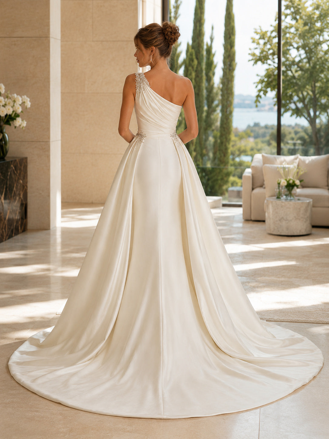 Satin Wedding Dress A-Line One Shoulder Sleeveless Chapel Train Bridal Gown back view