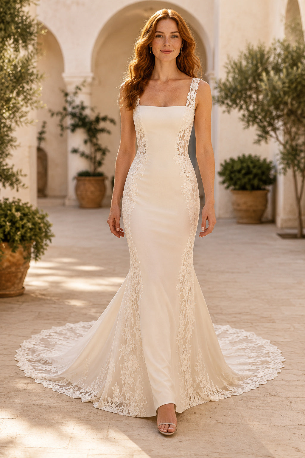 Ivory Square Neck Mermaid Wedding Dress with Straps and Lace Hem Train front view