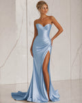 Light Blue Strapless Floor-Length Satin Sheath Dress