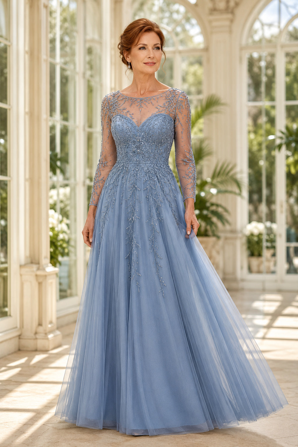 Steel Blue Bateau A-Line Mother Dress with Illusion Lace Bodice and Tulle Skirt for Evening Reception front view