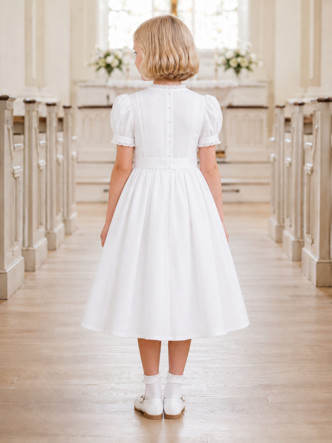 1960s High Neck Puff Sleeve Modest Communion Tea Dress back view