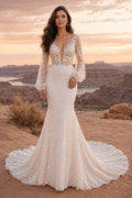 Champagne Sexy V-Neck Mermaid Champagne Lace Satin Wedding Dress with Long Poet Sleeves and Chapel Train front view