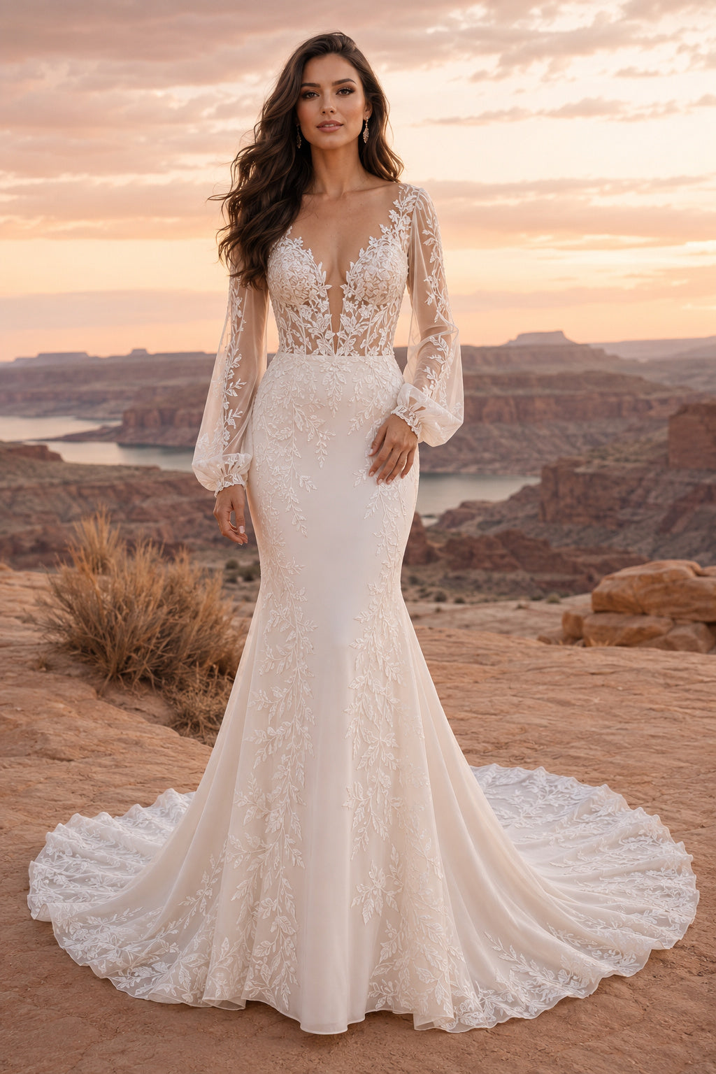 Champagne Sexy V-Neck Mermaid Champagne Lace Satin Wedding Dress with Long Poet Sleeves and Chapel Train front view