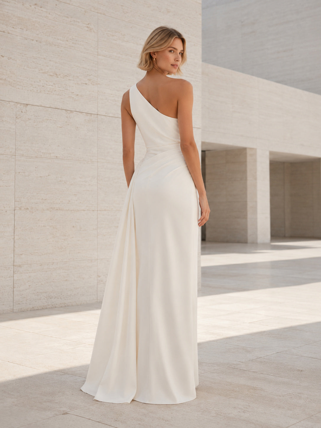 Asymmetric One Shoulder Minimalist Architecture Sheath Elopement Gown back view