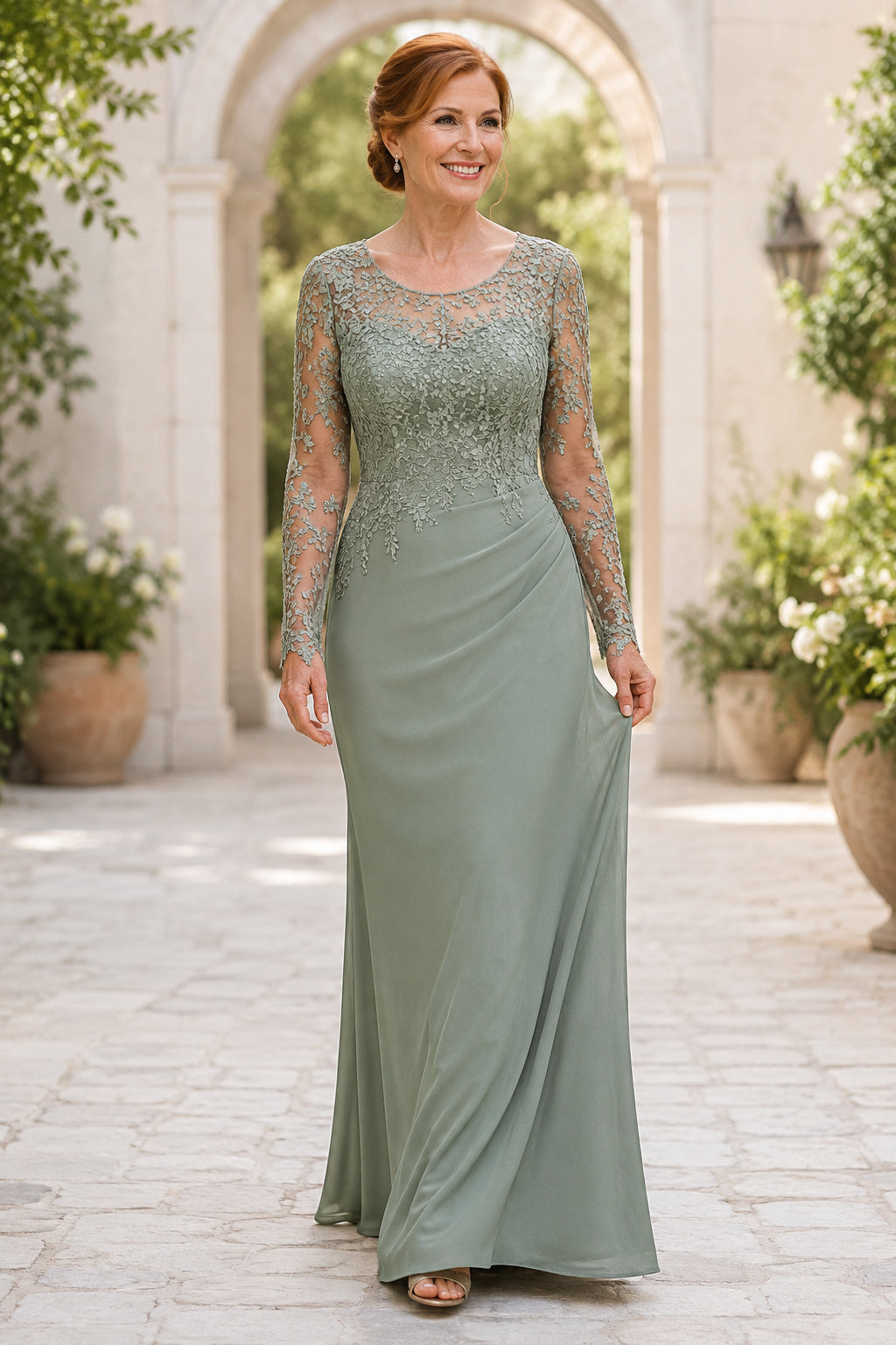Sage Sheath Mother Dress with Illusion Lace Bodice and Long Sleeves for Evening Reception front view