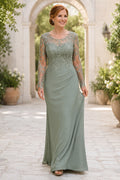 Sage Sheath Mother Dress with Illusion Lace Bodice and Long Sleeves for Evening Reception front view