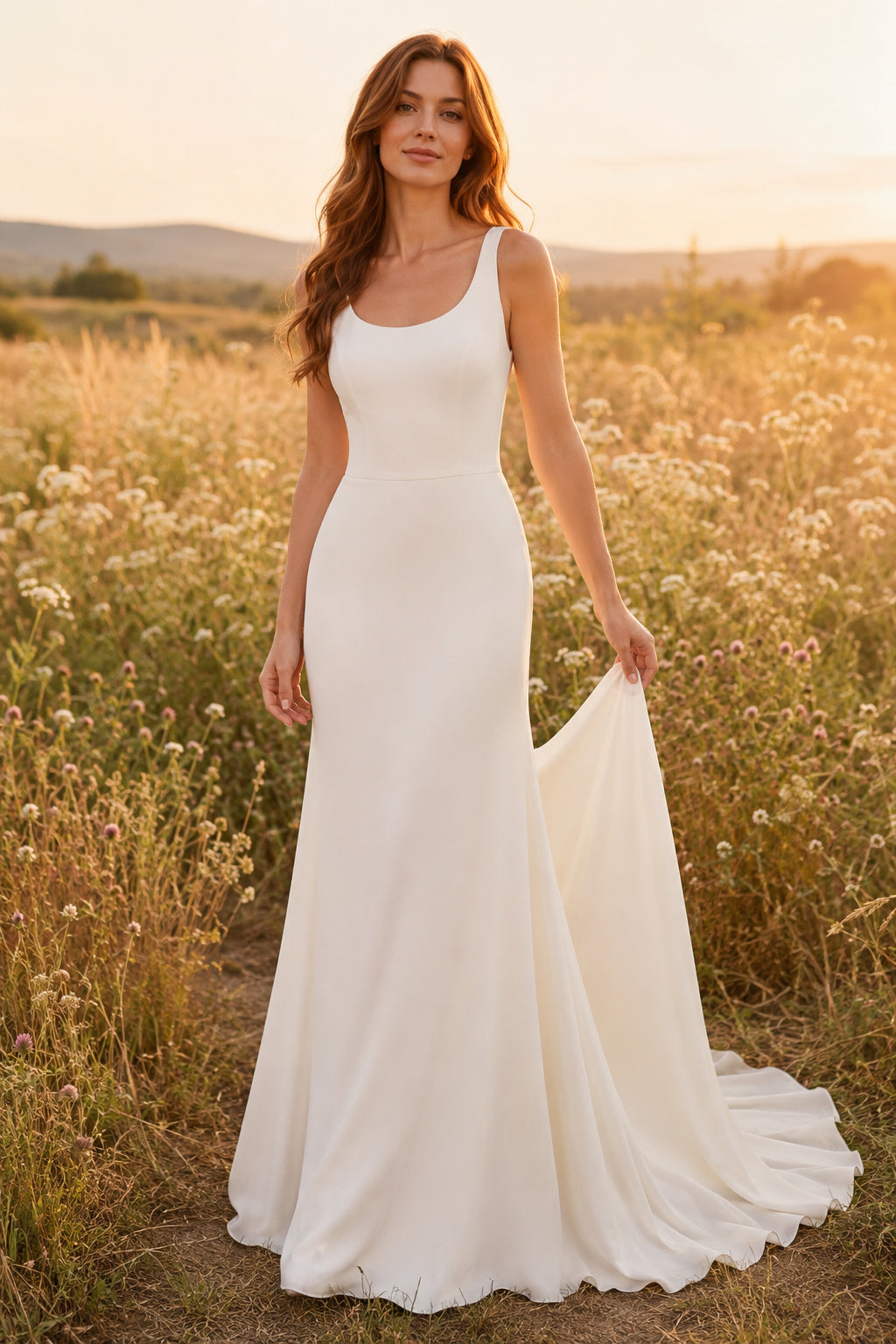 White Scoop Neck Jersey Sheath Wedding Dress with Straps and Soft Train front view