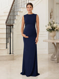 Dark Navy Maternity Bateau Sleeveless Jersey Sheath Floor Length Minimal Formal Dress front view