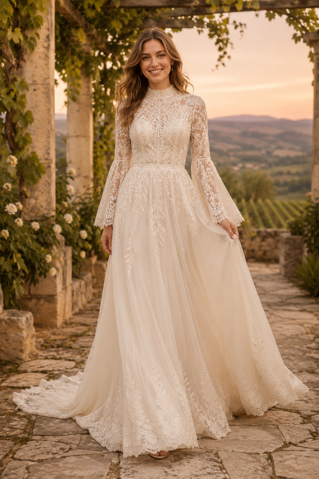 High Neck Long Sleeve A-Line Wedding Dress with Lace Bodice and Scalloped Train for Beach Garden Ceremony front view