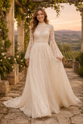 High Neck Long Sleeve A-Line Wedding Dress with Lace Bodice and Scalloped Train for Beach Garden Ceremony front view