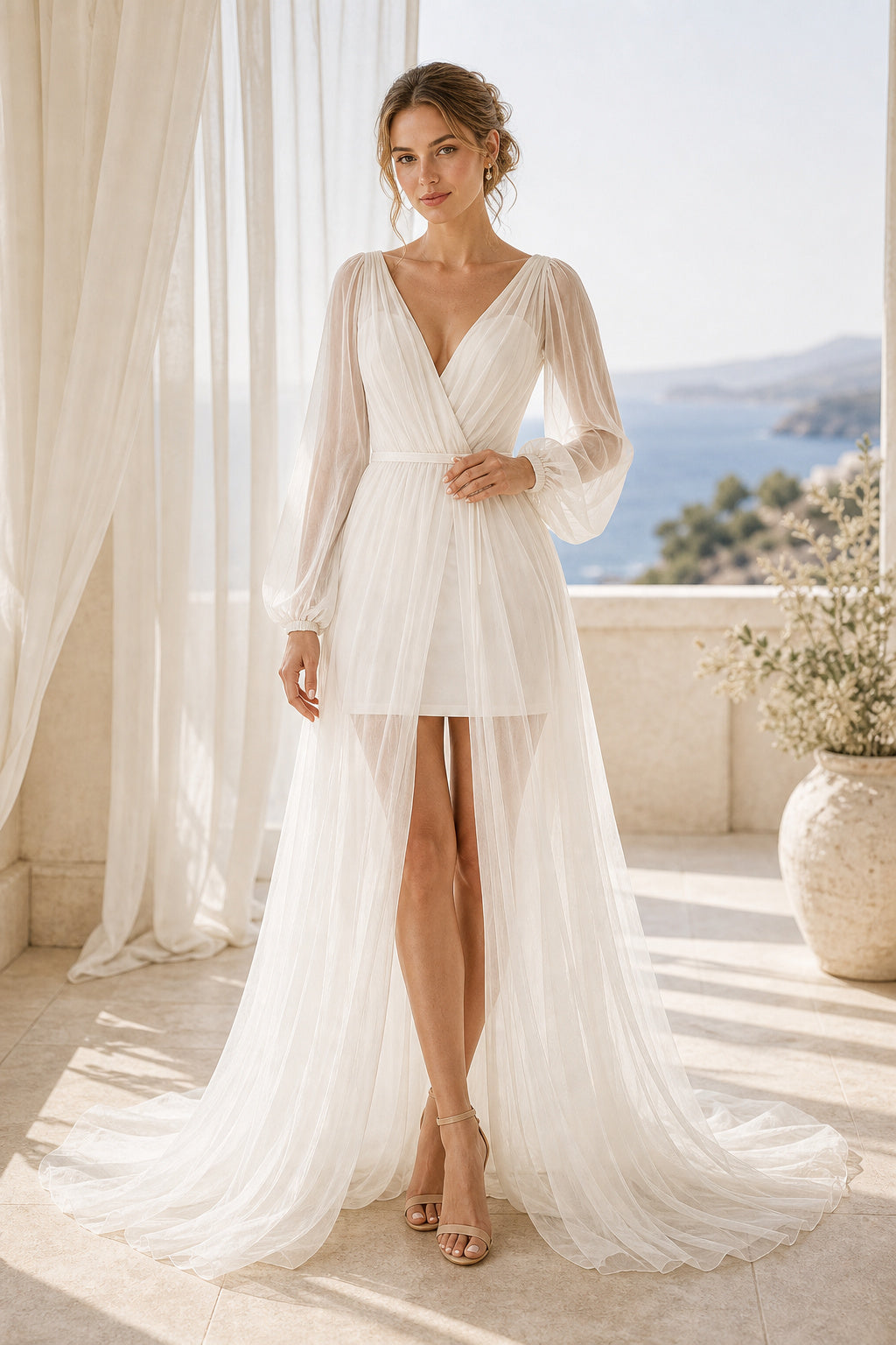 White V-neck Long Sleeves A-Line Tulle, Chiffon High-low Dress With High-Low Skirt and Front Slit and Open Back
