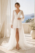 White V-neck Long Sleeves A-Line Tulle, Chiffon High-low Dress With High-Low Skirt and Front Slit and Open Back