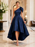 Dark Navy One-Shoulder Taffeta Bow High-low Dress front view