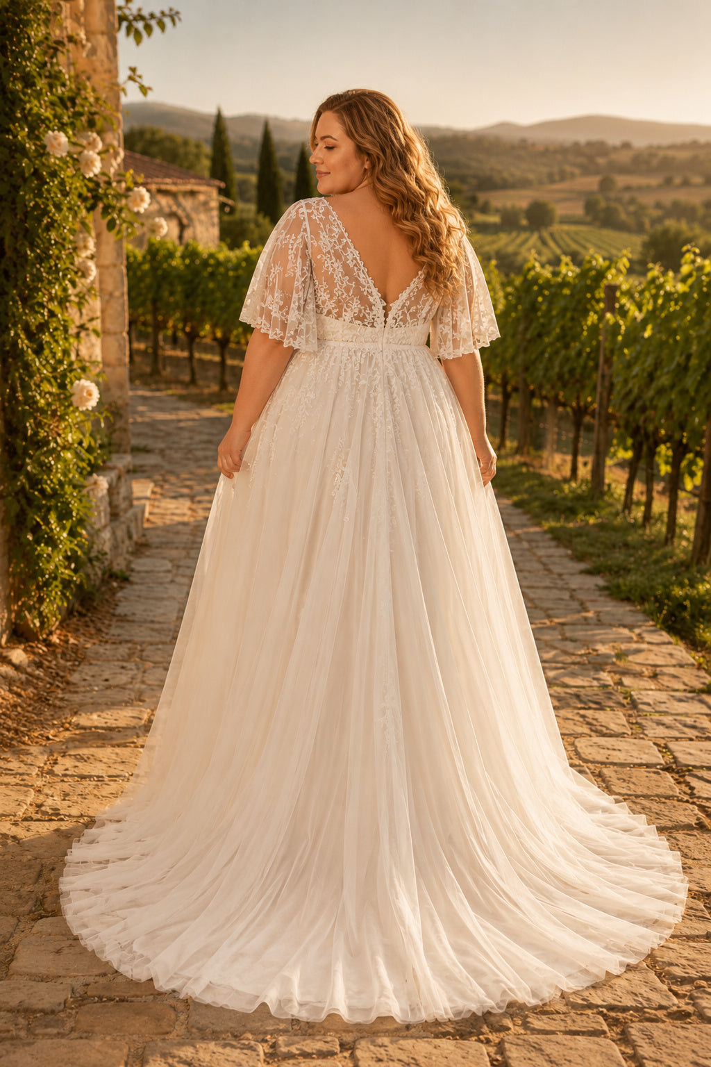 Ivory Plus Size V-Neck Lace A-Line Wedding Dress with Flutter Sleeves – Ms. Grace