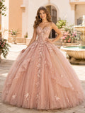Rose Gold Luxury V Neck Straps Floral Layered Glitter Quinceanera Princess Ball Gown front view