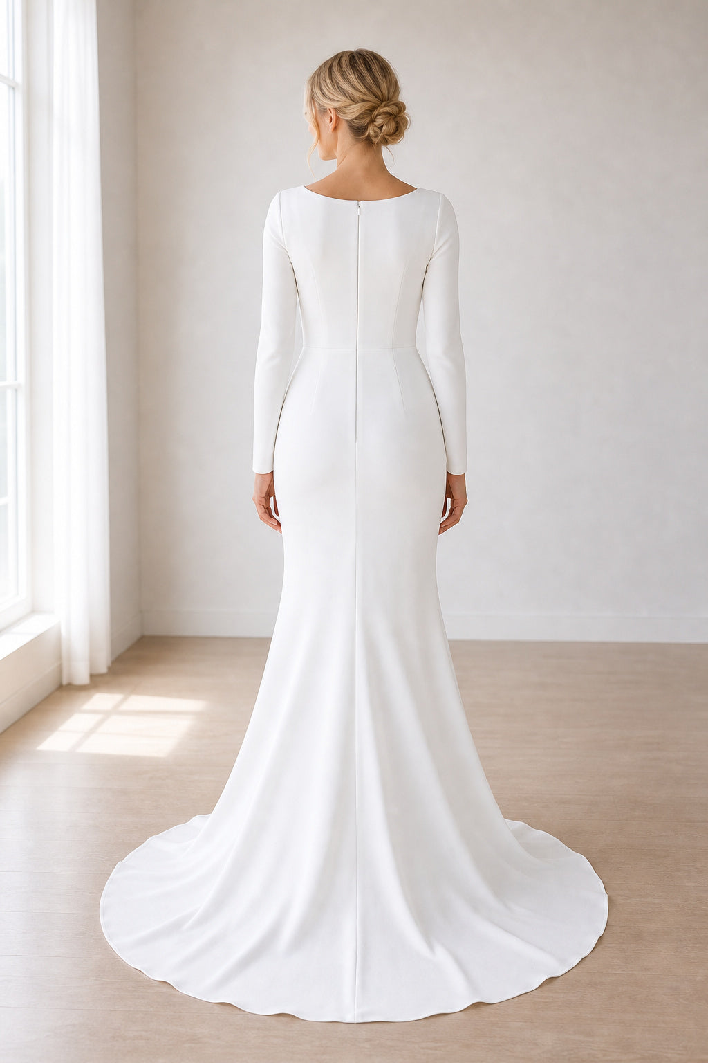 White Bateau Long Sleeves Sheath Crepe Floor-length Wedding Dress With Minimalist Train