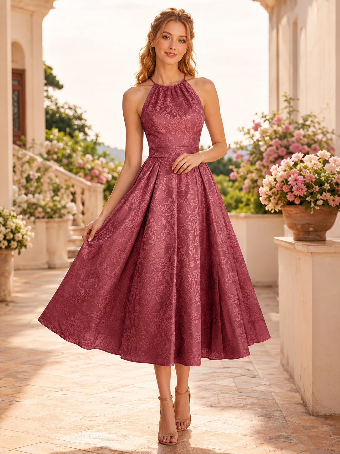 Dusty Rose High Halter Jacquard A-Line Tea Wedding Guest Dress front view