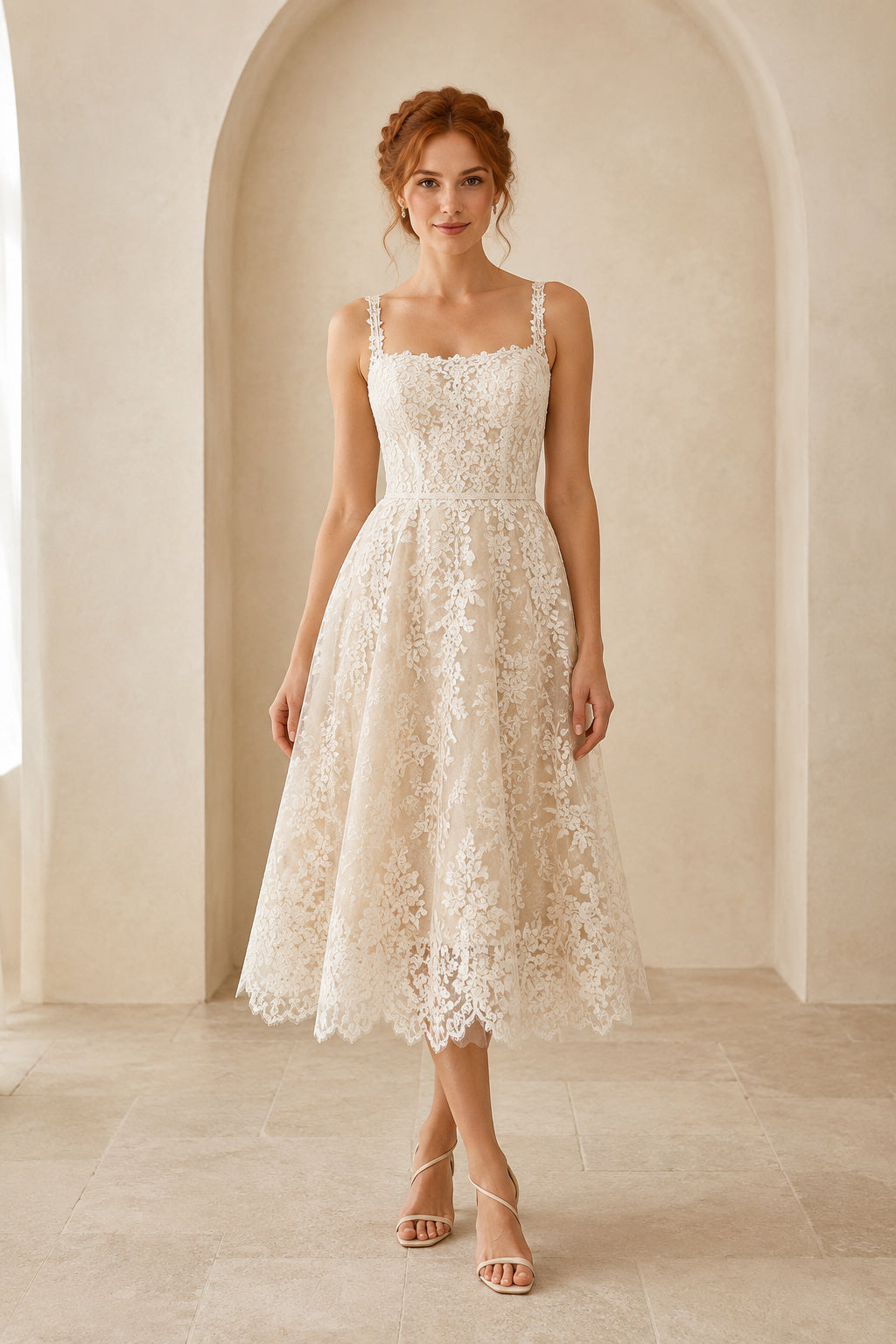 Ivory Square Strap Sleeveless Lace Tulle Tea-Length Wedding Dress with Allover Lace Overlay and Straight Straps front view