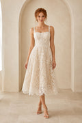 Ivory Square Strap Sleeveless Lace Tulle Tea-Length Wedding Dress with Allover Lace Overlay and Straight Straps front view
